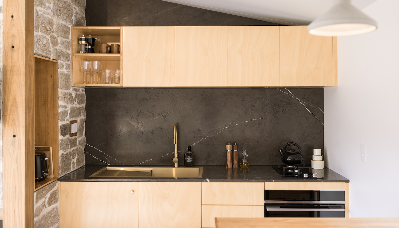 Fully equipped kitchen in a contemporary romantic cabin in the Snowy Mountains